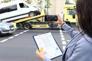 Woman taking a photo of a towed van while holding a clipboard.