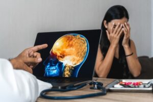 Doctor showing a x-ray of pain in the brain on a laptop to his patient suffering from brain injury.