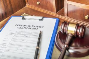 Personal injury claim form on a clipboard with a pen and gavel nearby.