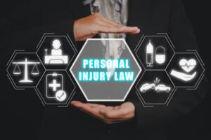 Hands framing "Personal Injury Law" with icons representing legal and medical aspects of personal injury.