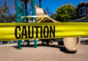 Yellow caution tape blocking access to a playground with slides and structures.