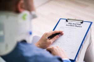 Person with a neck brace filling out a slip and fall accident report.