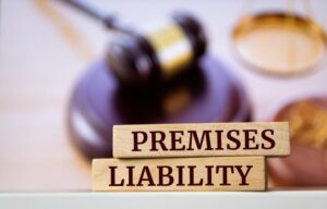 Wooden blocks with "Premises Liability" text in front of a gavel and scales.