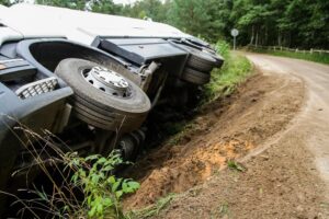 Overturned truck by a dirt road, highlighting the impact and danger of vehicular accidents.