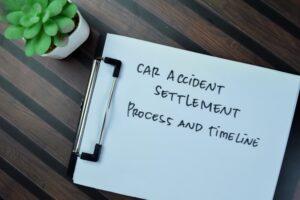 Car Accident Settlement Process and Timeline write on paperwork isolated on Wooden Table.