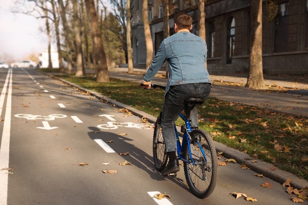 Man riding bicycle on lane in city